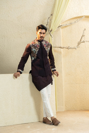 Wine Hand-Embroidered Bundi Set