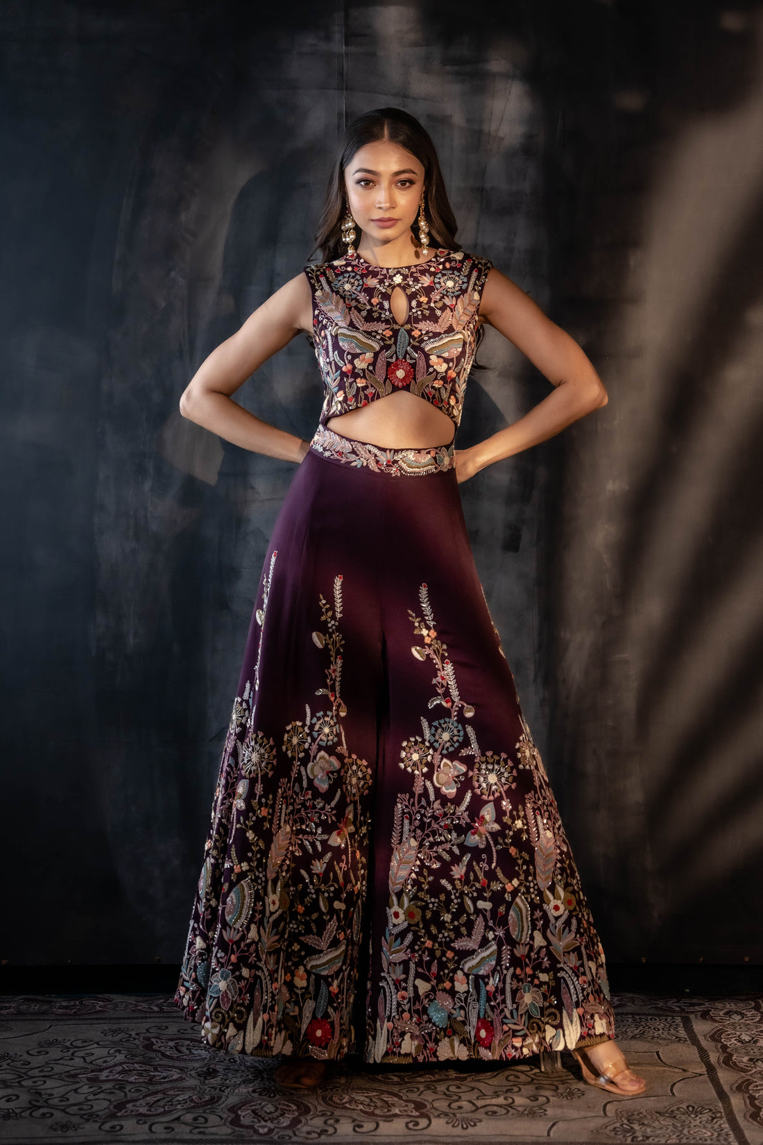 Wine Embroidered Jumpsuit
