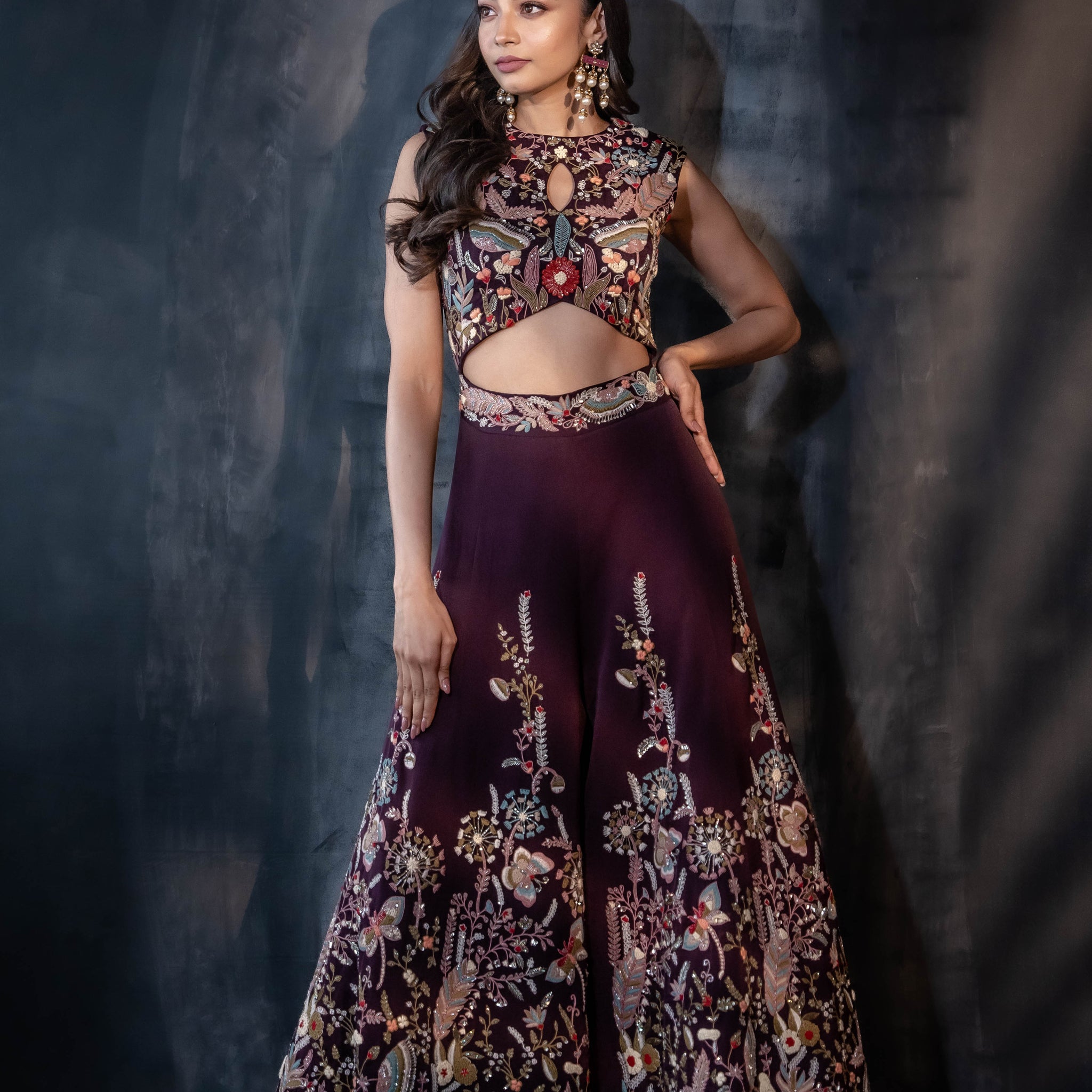 Wine Embroidered Jumpsuit