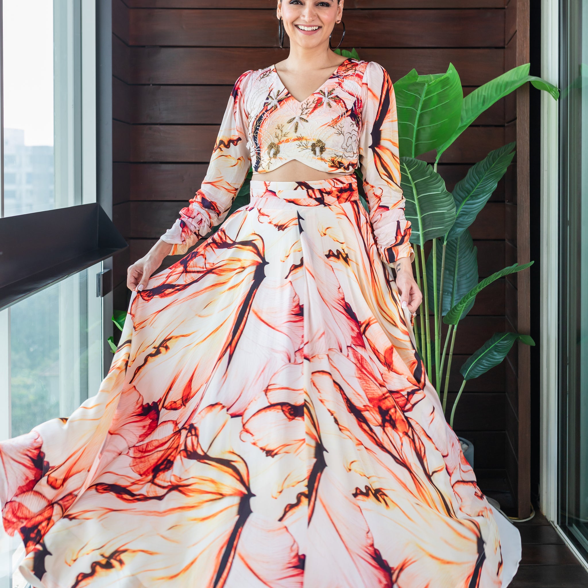 Richa Begani - Coral Printed Lehenga Set