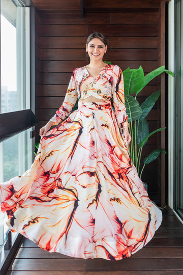 Richa Begani - Coral Printed Lehenga Set