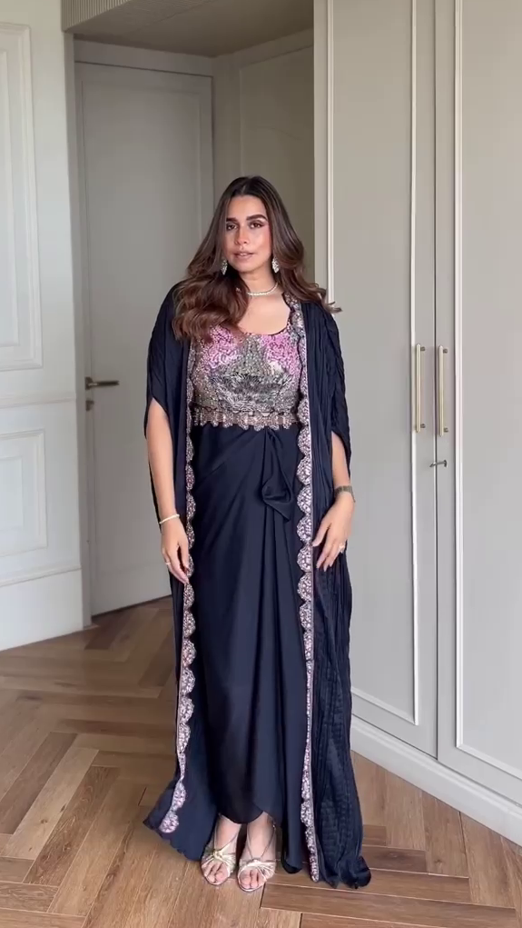 Midnight Blue Embellished Cape Set
