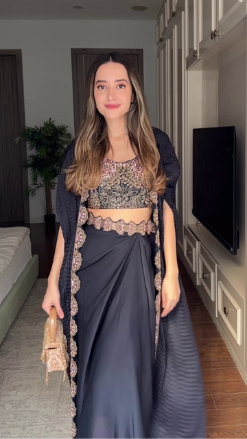 Komal Kapoor Grover - Midnight Blue Embellished Cape Set